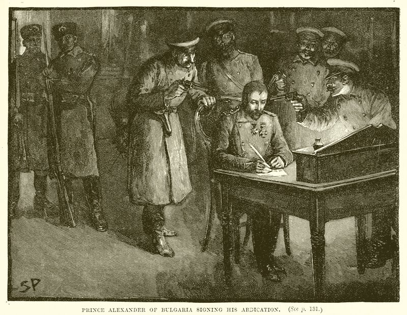 Le prince Alexandre de Bulgarie signant son abdication - English School