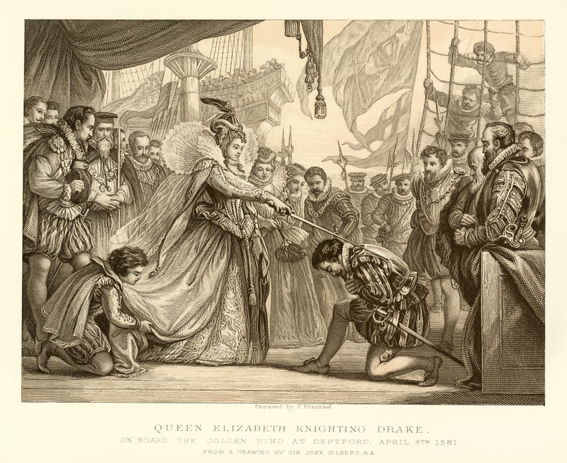 La reine Élisabeth adoubant Drake - English School