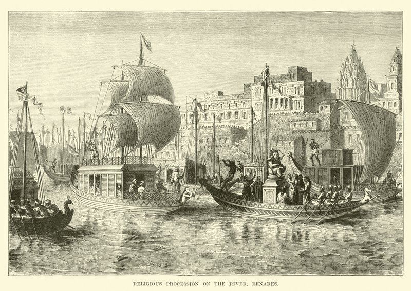 Procession religieuse sur le fleuve, Bénarès - English School