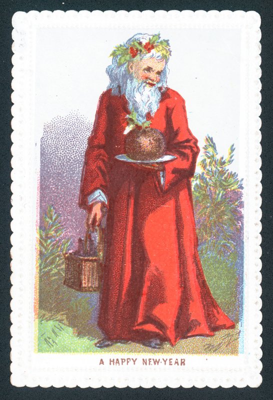 Père Noël tenant un pudding aux prunes - English School