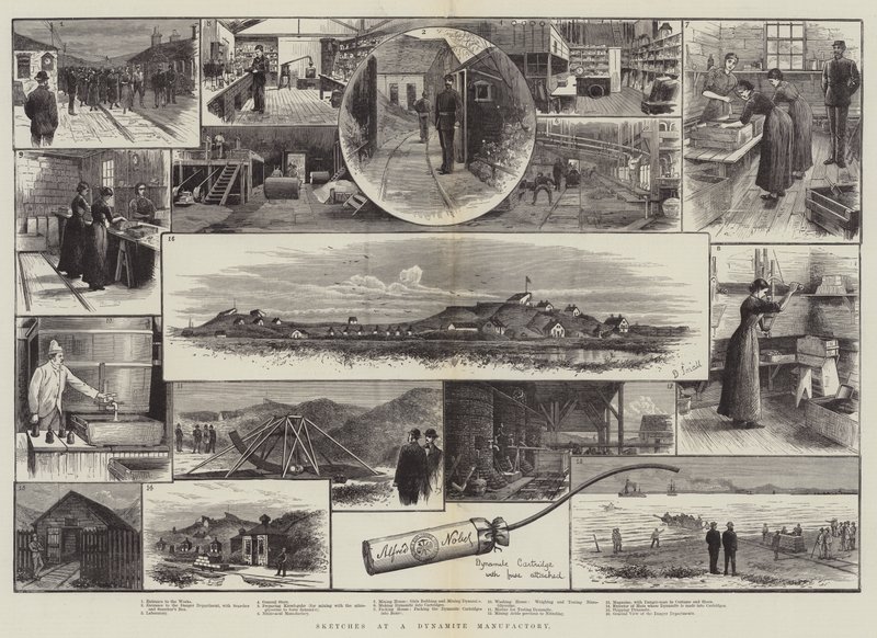 Croquis dans une usine de dynamite (gravure) - English School