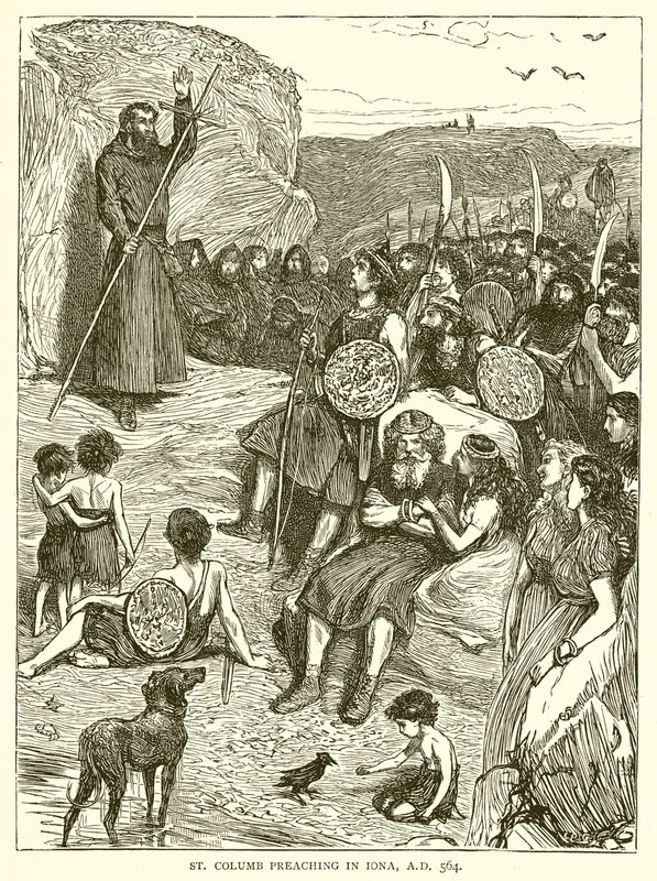Saint Colomb prêchant à Iona, 564 après J.-C. - English School