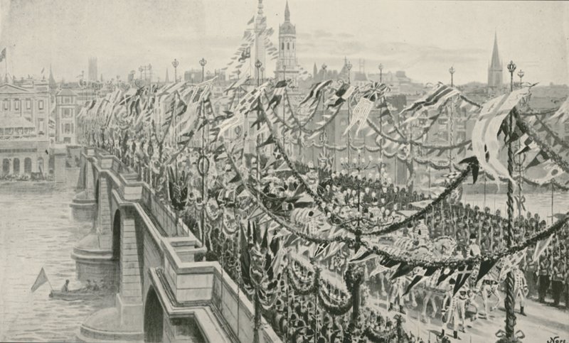 Le cortège du jubilé de diamant traversant le pont de Londres - English School