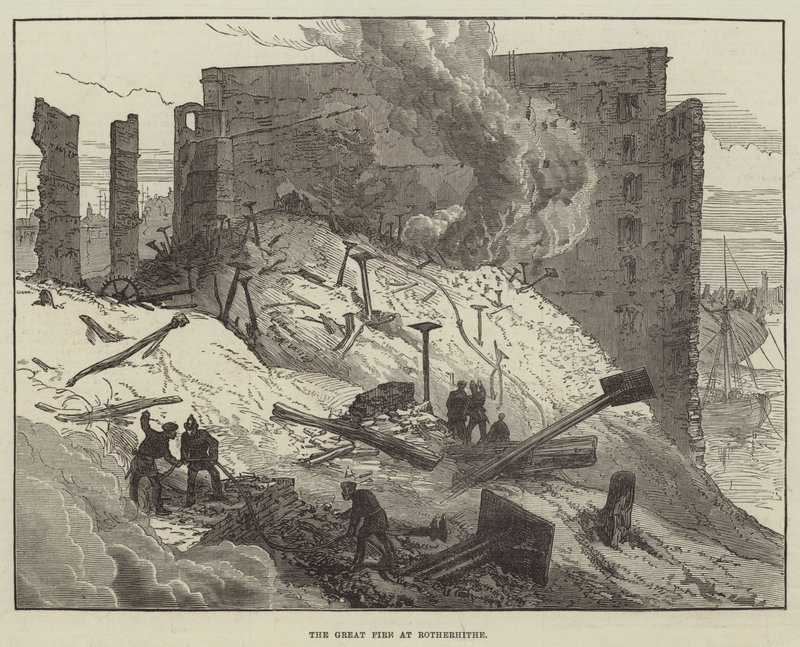 Le grand incendie à Rotherhithe (gravure) - English School