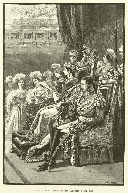 La reine ouvrant le Parlement en 1846 (gravure) - English School