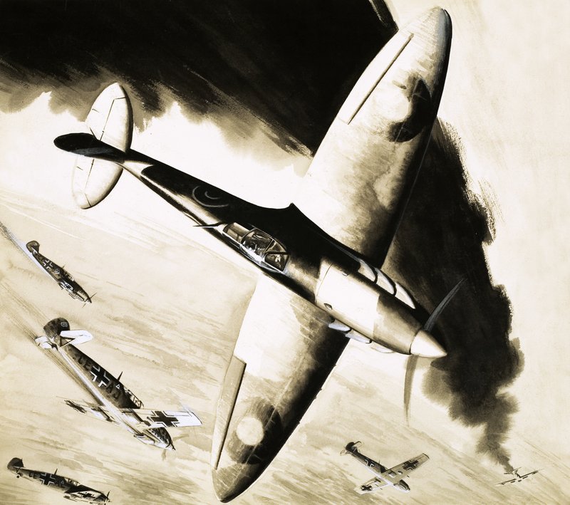Spitfire non identifié en combat aérien avec des chasseurs allemands - English School