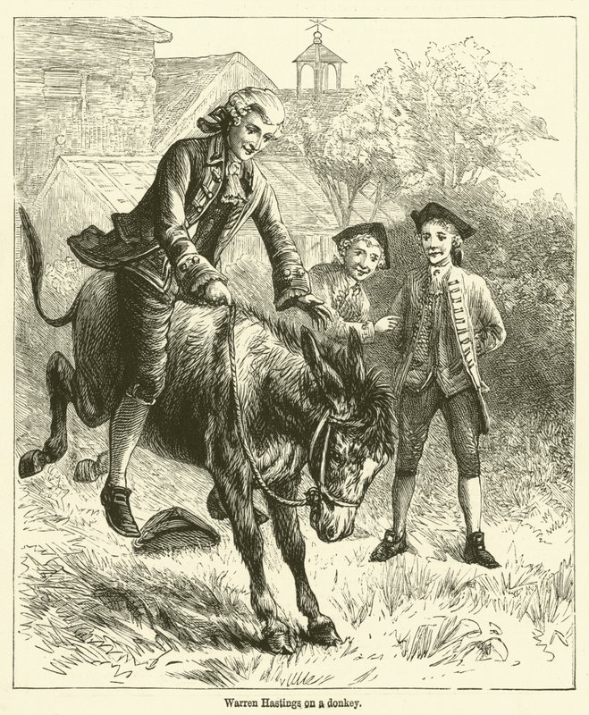 Warren Hastings sur un âne (gravure) - English School