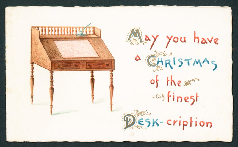 Bureau en bois, carte de Noël - English School