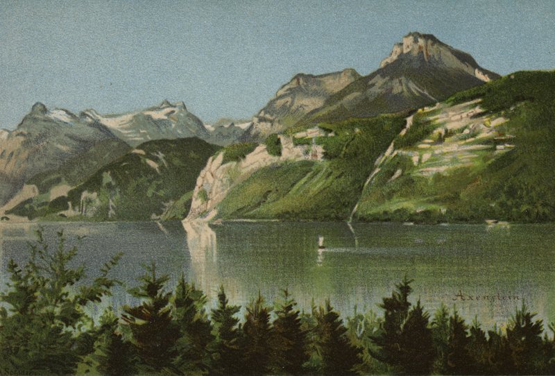 Lac des Quatre-Cantons : Axenstein (lithographie en couleur) - European School