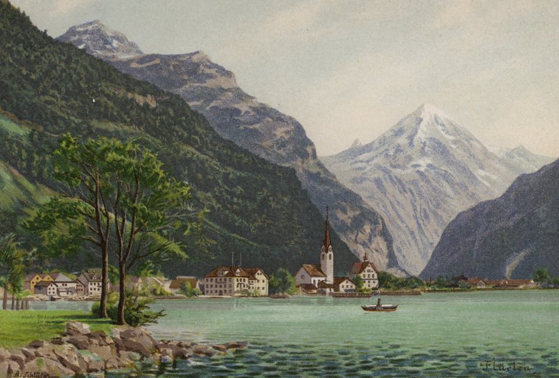 Lac des Quatre-Cantons : Flüelen (lithographie en couleur) - European School