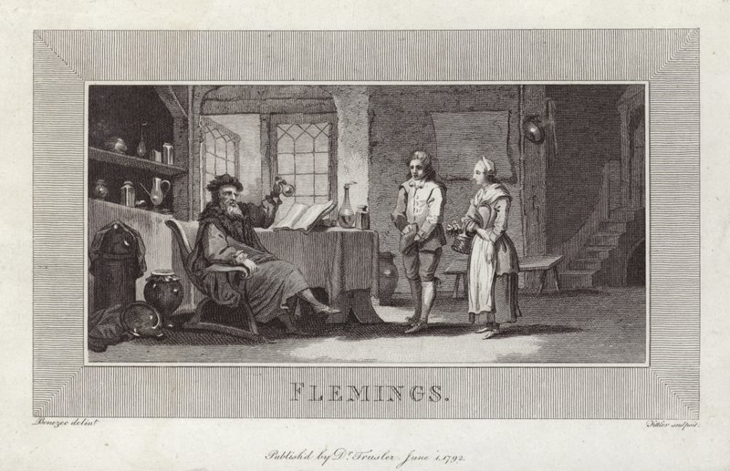 Flamands. Gravure de serviteurs et maître. - Flemish School