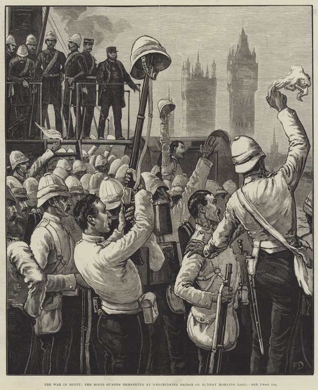 La guerre en Égypte, les Scots Guards embarquant à Westminster Bridge dimanche matin dernier - Frank Dadd