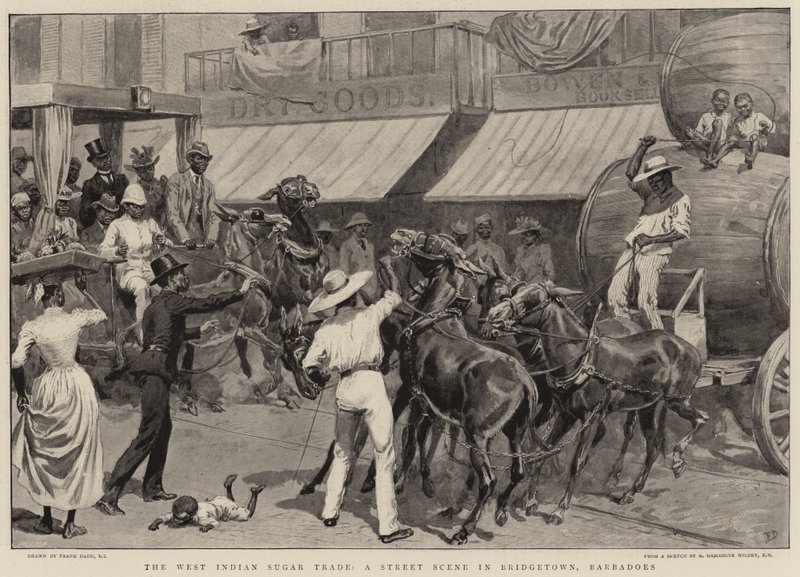 Le commerce du sucre des Antilles, une scène de rue à Bridgetown, Barbade - Frank Dadd