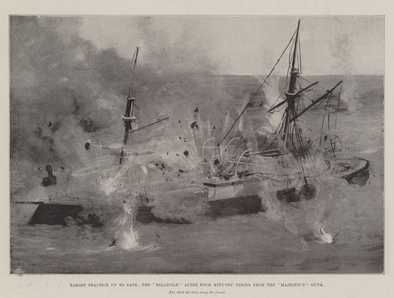 Exercice de tir à jour, le Belleisle après quatre minutes de tir des canons du Majestic - Fred T. Jane