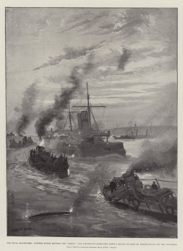 Les manœuvres navales, action de torpille entre le Thetis et la deuxième division de torpilleurs du lieutenant-commandant Barry au large des Longships - Fred T. Jane