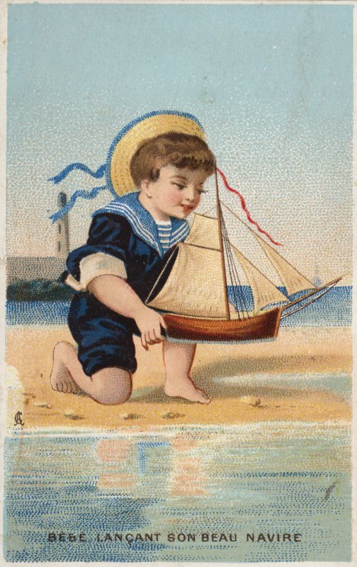 Garçon jouant avec un bateau à voile jouet - French School