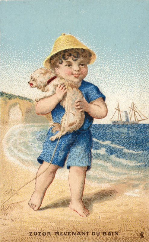 Garçon avec chien sur la plage - French School