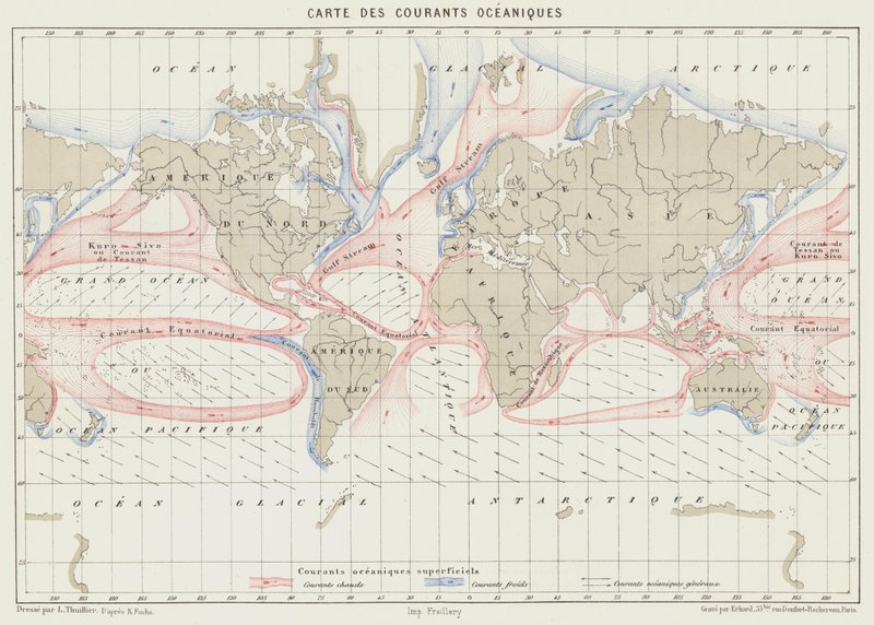 Carte des courants océaniques (lithographie en couleur) - French School