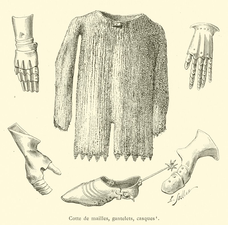 Cotte de mailles, gantelets, casques - French School