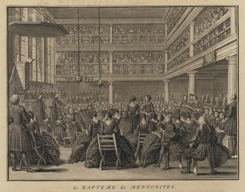Cérémonie de baptême mennonite (gravure) - French School