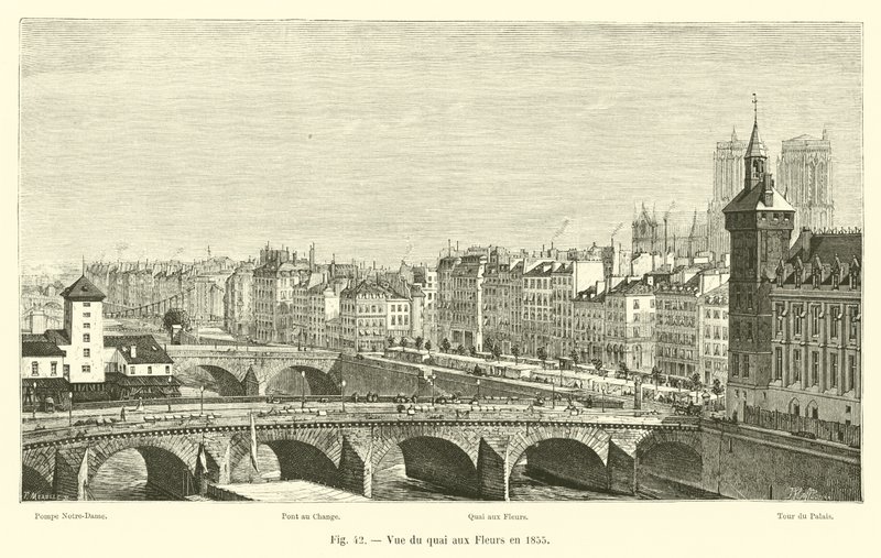 Vue du quai aux Fleurs en 1855 - French School