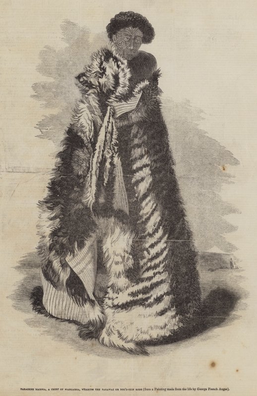 Paratene Maioha, un chef de Wangaroa, portant le Parawai ou manteau en peau de chien - George French Angas