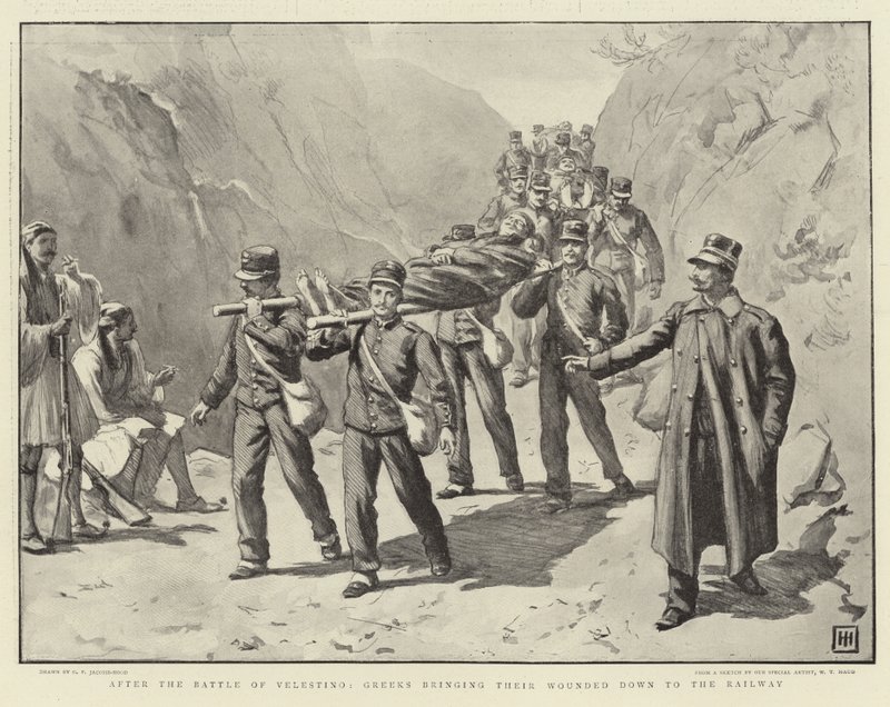 Après la bataille de Velestino, les Grecs amenant leurs blessés au chemin de fer - George Percy Jacomb Hood