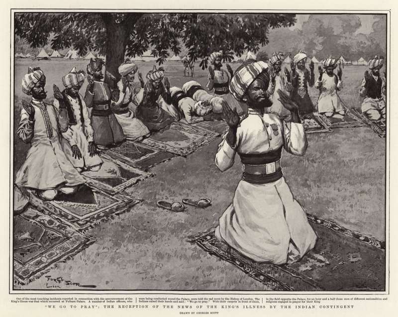Nous allons prier, la réception de la nouvelle de la maladie du roi par le contingent indien - Georges Bertin Scott