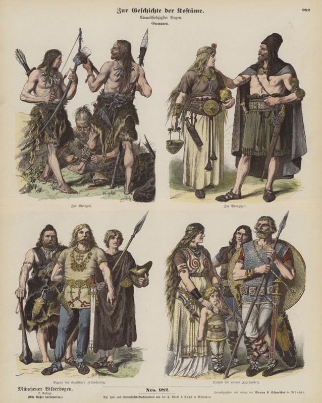 Costumes germaniques anciens (gravure en couleur) - German School