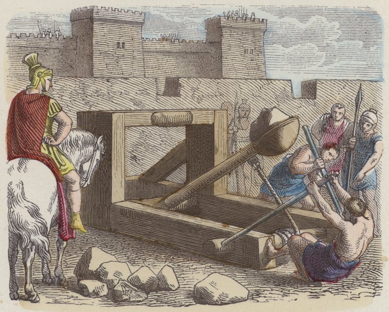 Catapulte de siège romaine (gravure en couleur) - German School