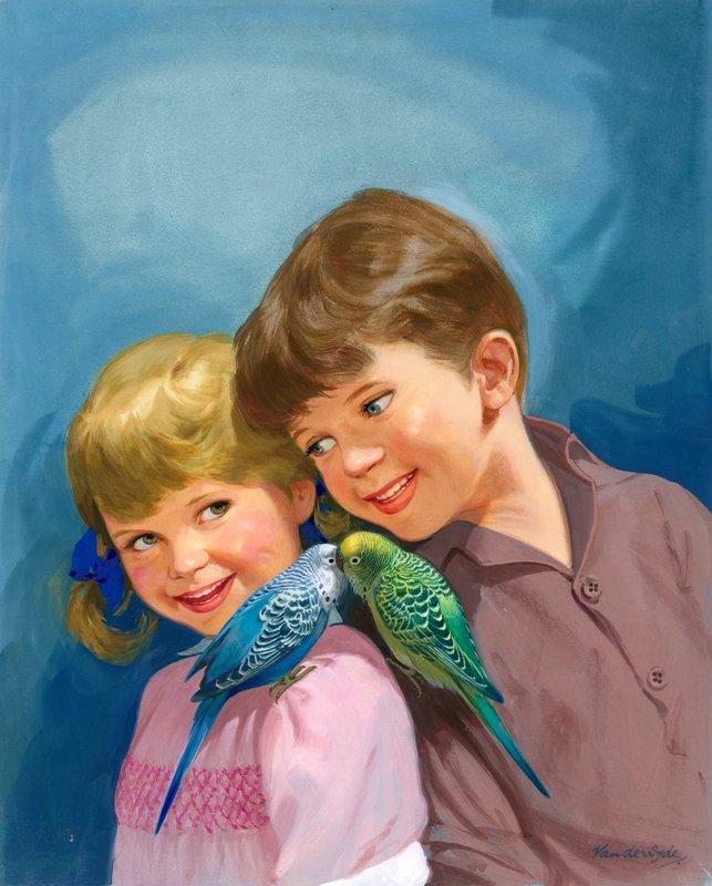 Garçon et fille avec perruches - Gerritt Vandersyde