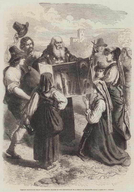 Frère mendiant italien exposant des images de la crucifixion à un groupe de paysans - Gustave Janet