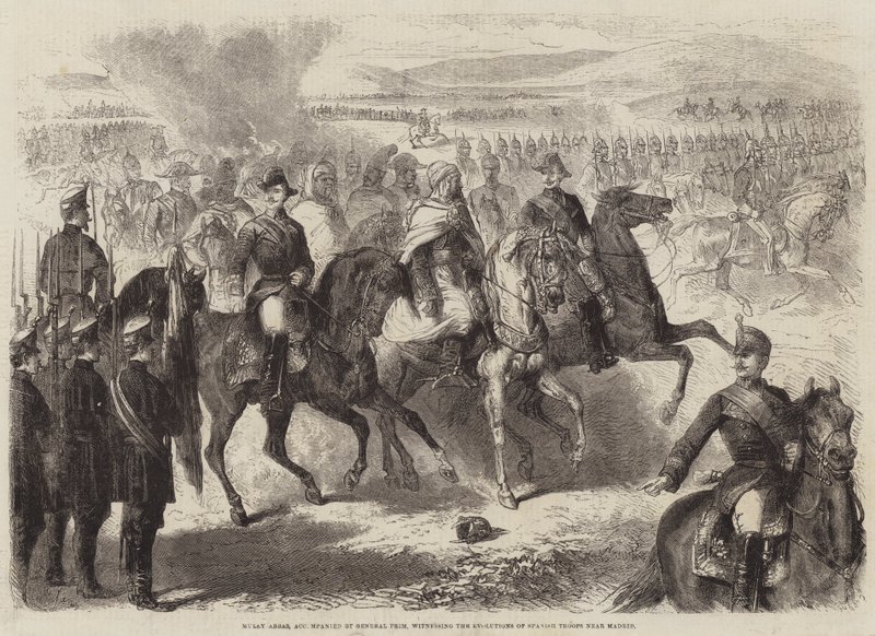 Muley Abbas, accompagné du général Prim, assistant aux évolutions des troupes espagnoles près de Madrid - Gustave Janet