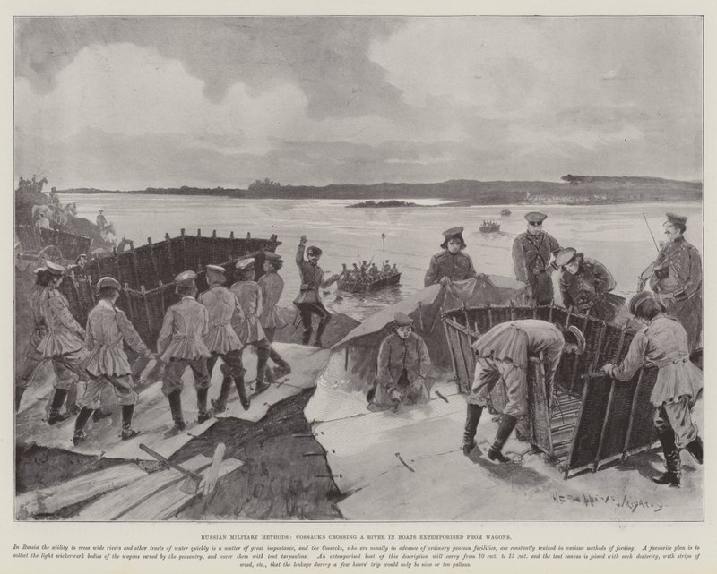 Méthodes militaires russes, Cosaques traversant une rivière dans des bateaux improvisés à partir de chariots - Henry Charles Seppings Wright