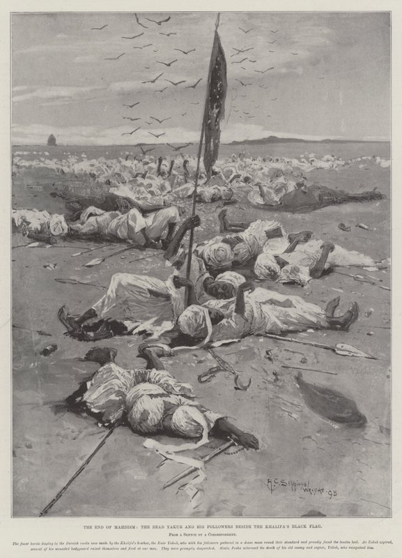 La fin du Mahdisme, le mort Yakub et ses partisans à côté du drapeau noir du Khalifa - Henry Charles Seppings Wright