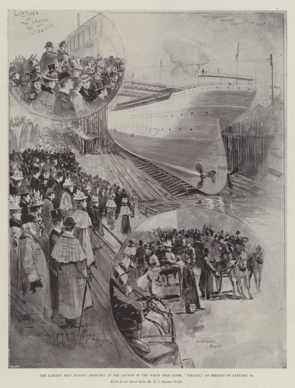 Le plus grand navire à flot, croquis du lancement du paquebot White Star, Oceanic, à Belfast le 14 janvier - Henry Charles Seppings Wright