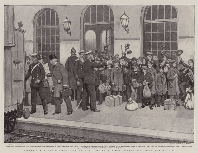 Recrues pour la marine allemande à la gare de Lehrter, Berlin, en route pour Kiel - Henry Marriott Paget