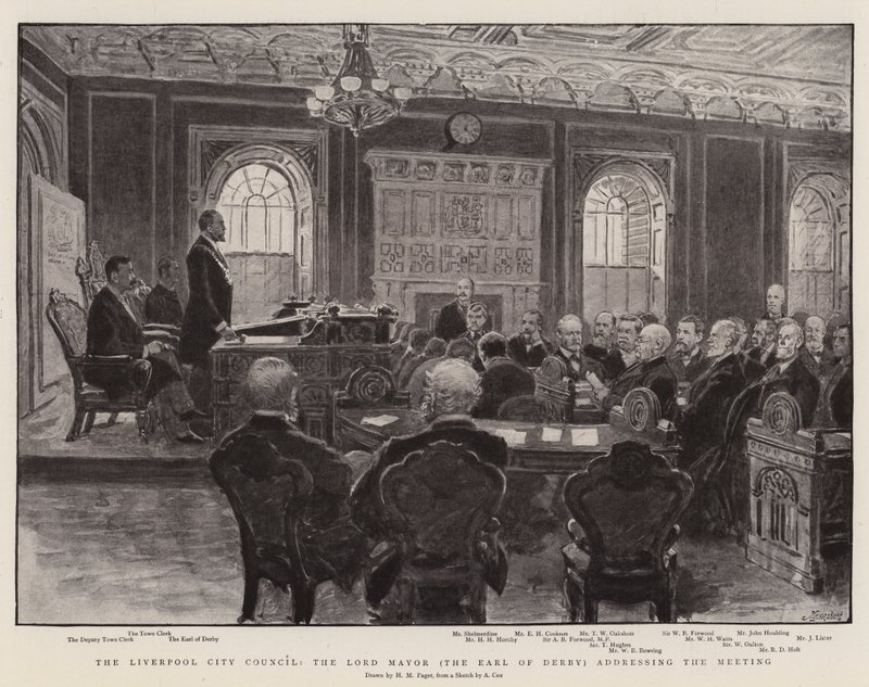 Le conseil municipal de Liverpool, le Lord Maire (le comte de Derby) s
