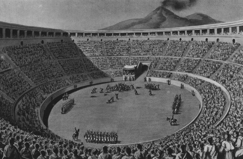 Pompéi : Amphithéâtre (lithographie) - Italian School