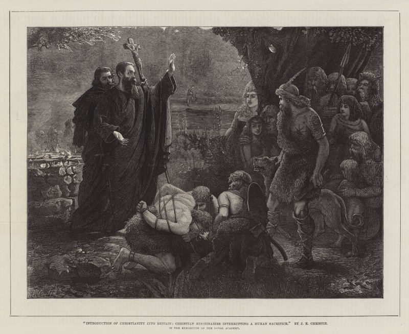 Introduction du christianisme en Grande-Bretagne, des missionnaires chrétiens interrompant un sacrifice humain, dans l