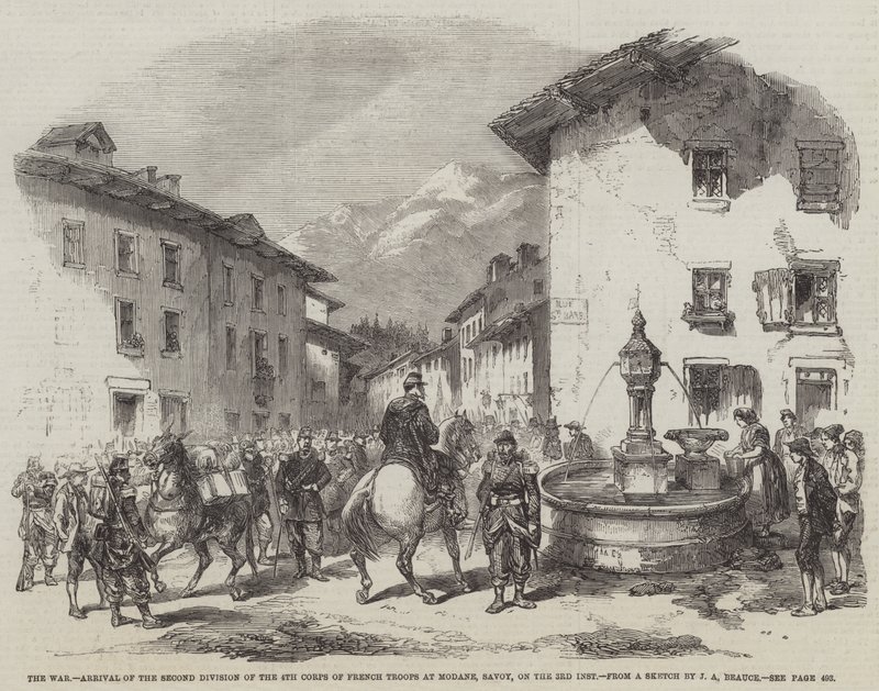 La guerre, arrivée de la deuxième division du 4e corps de troupes françaises à Modane, Savoie, le 3 du mois - Jean Adolphe Beauce