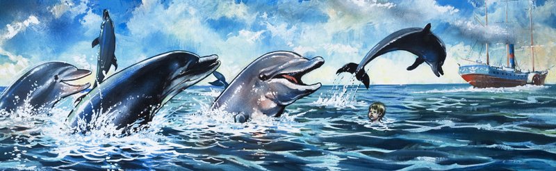 Garçon nageant avec des dauphins (gouache sur papier) - Jesus Blasco