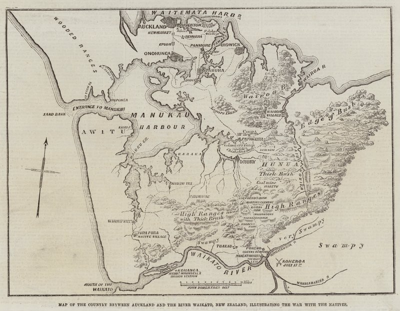 Carte du pays entre Auckland et la rivière Waikato, Nouvelle-Zélande, illustrant la guerre avec les indigènes - John Dower