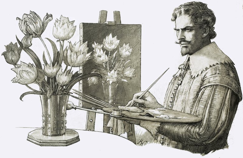 Artiste non identifié peignant des fleurs - John Millar Watt