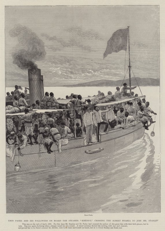 Emin Pasha et ses partisans à bord du steamer Khédive traversant l