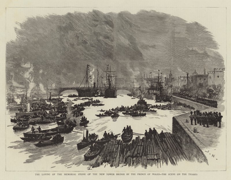La pose de la pierre commémorative du nouveau Tower Bridge par le prince de Galles, la scène sur la Tamise - Joseph Nash