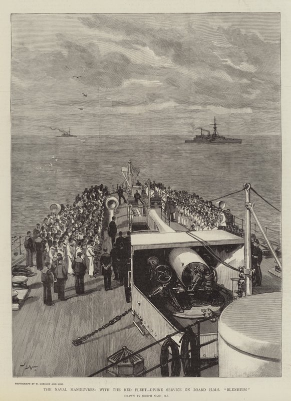 Les manœuvres navales, avec la flotte rouge, service divin à bord du HMS Blenheim - Joseph Nash