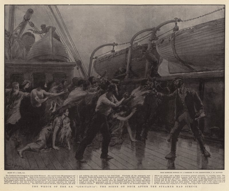 Le Naufrage du SS Lusitania, la scène sur le pont après que le vapeur ait frappé - Joseph Nash