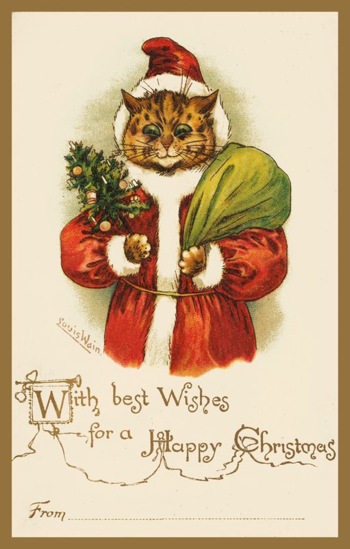 Chat portant un costume de Père Noël (chromolithographie) - Louis Wain