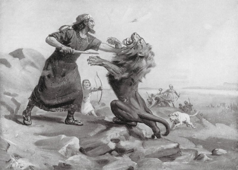 Tiglath-Pileser Ier tuant un lion (litho) - Margaret (after) Dovaston